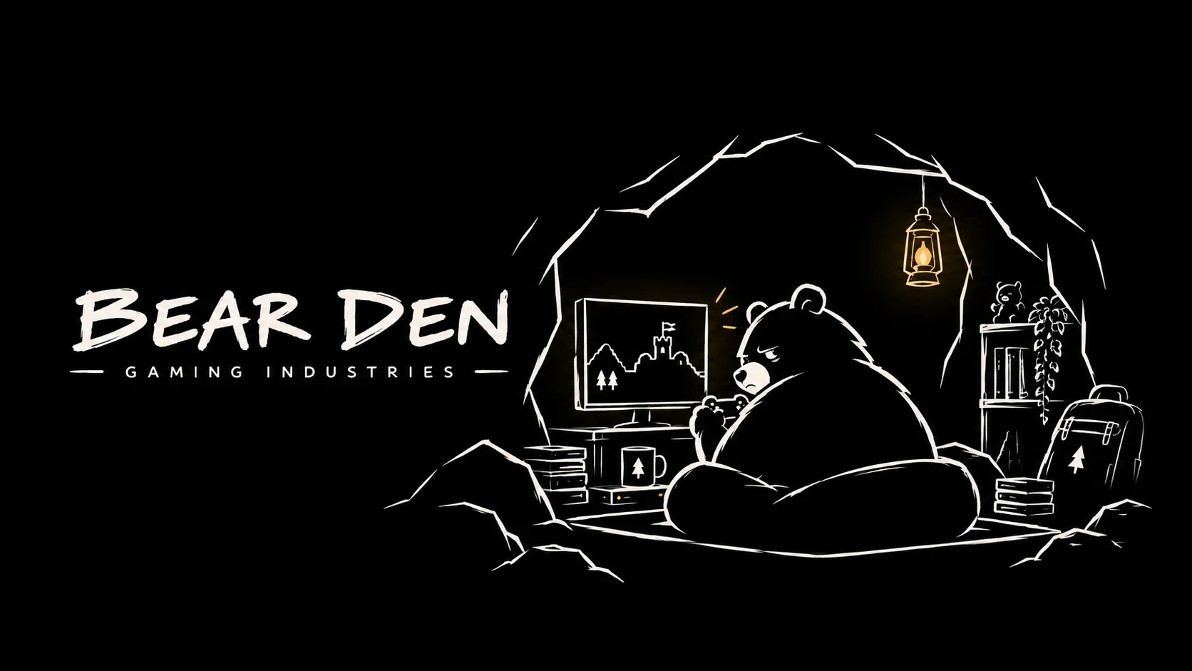 A bear playing games in a lantern-lit cave