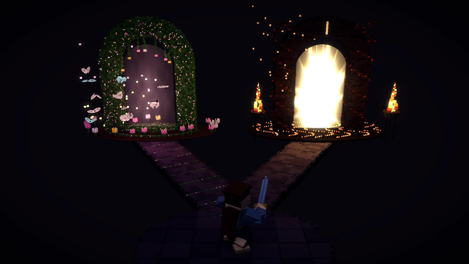 The hero at the fork between the flower gate and the burning thorn gate
